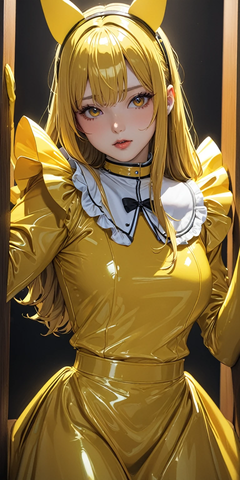 Portrait、(masterpiece,Highest quality,Ultra-high resolution),Japanese women, (((Very beautiful 25 year old girl))),(Yellow latex maid outfit)、(Yellow latex long skirt)、(A yellow latex long-sleeved shirt covering the upper body)、Yellow latex long gloves、Yellow latex socks、Latex bodysuit、Latex is very shiny、Dark Room、