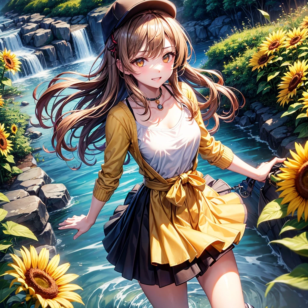 Red, brown, gold, gold hair、Golden Eyes、Hair tied up、One good looking girl、solo、anime、Checkered mini skirt、Ruffles on the skirt、camisole、Lightweight cardigan、Black knee-high socks、Wearing a baseball cap、Ribbon、Ribbon on waist、Teeth are visible、Silver coin necklace、shine、From above、Sparks are flying、tunnel、Cobblestones、waterfall、Clear Stream、Sunflower field、Have sunflowers、Midnight Moon、Winding Road、Unlocking、suspension bridge