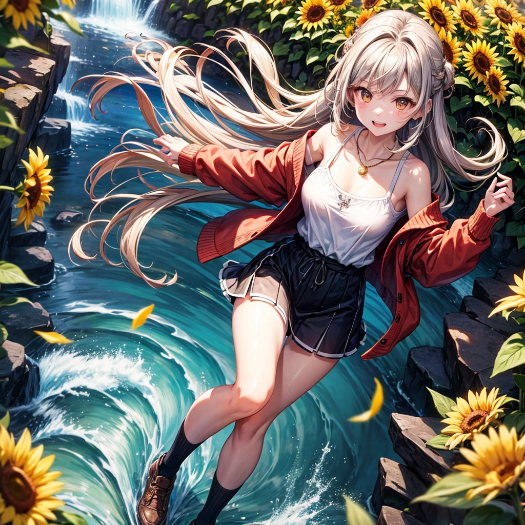 Red, brown, gold, gold hair、Golden Eyes、Hair tied up、One good looking girl、solo、anime、Checkered mini skirt、Ruffles on the skirt、camisole、Lightweight cardigan、Black knee-high socks、Wearing a baseball cap、Ribbon、Ribbon on waist、Teeth are visible、Silver coin necklace、shine、From above、Sparks are flying、tunnel、Cobblestones、waterfall、Clear Stream、Sunflower field、Have sunflowers、Midnight Moon、Winding Road、Unlocking、suspension bridge