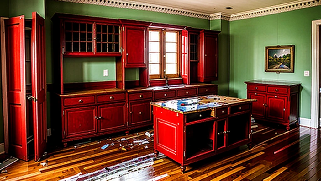 The room where the painting was smashed has a table that fell in the lower right corner. Several cabinets fell in the middle. The fallen cabinet in the middle of the house is covered with a red cloth.