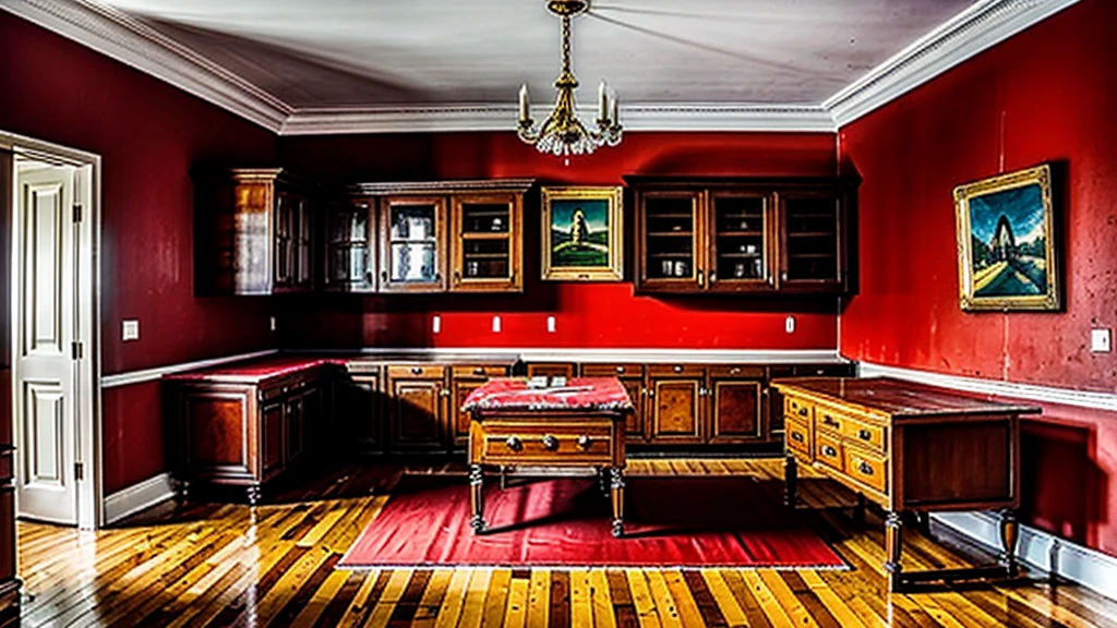 The room where the painting was smashed has a table that fell in the lower right corner. Several cabinets fell in the middle. The fallen cabinet in the middle of the house is covered with a red cloth.