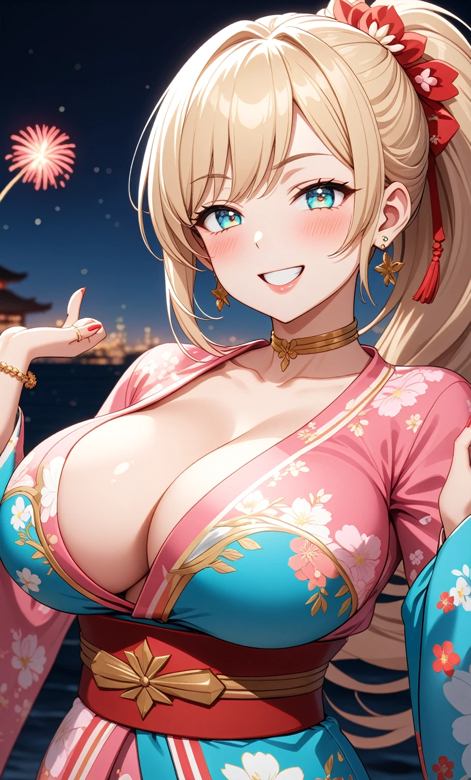((One personの女性)), Beautiful Face, ((Laughing embarrassedly)), (laugh),((Wink:1.7)), (head tilt), Laugh with your mouth wide open,((Bright red cheeks:1.4)),Shiny red lips,night,横浜のnight景,You can see the ocean, firework,Laughing with your mouth open,Glossy pink lips,Facial lighting,((Anime style background)),masterpiece, Highest quality, so beautiful,up to date, Complex details, (Pink long nails),(ring),(bracelet),(choker),AI-generated, Complex,High resolution, Highest quality, super high quality,3D Images、3D Images,One person,Long blonde hair,High Ponytail,(turquoise blue eyes),Anime woman posing for a photo, ((Fine grain、Colorful eyes、Shining Eyes:1.3)),(Squint your eyes:1.1),a hyperRealistic , hyperRealistic , Realistic,Anime woman with long white hair, Smooth anime CG art, A woman in a colorful kimono with gold embroidery, (Pink long sleeve kimono),Red floral pattern,Long flower hair ornament,Earrings,Mature Body,(Big Breasts:1.1),Tall,Abdominal muscles,Tight waist,(Zoom up to face:1.5),(front view),