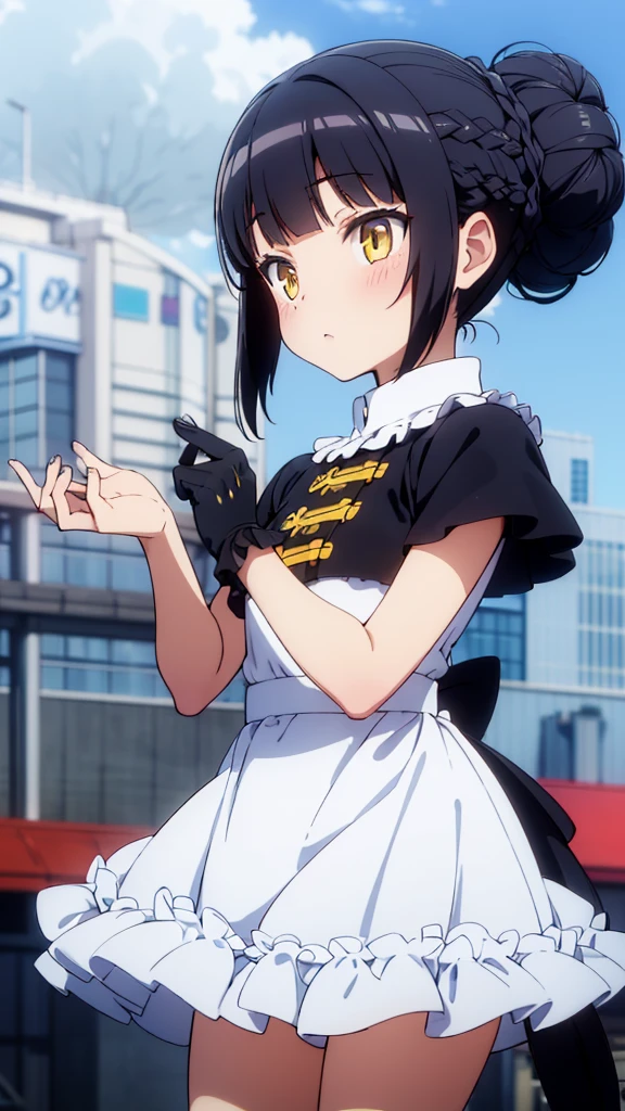 Masterpiece, Best Quality, 1 girl, Alone, black fur, blunt bangs, (braided buns), (two short tails), yellow eyes, white witch hat, long white cap, black dress, rose inside the fabric, stage greeting, lower your back, City on fire, fire smoke, cloudy weather
