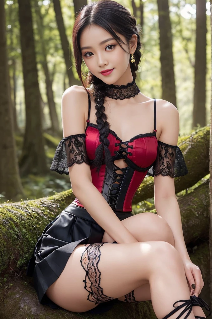 ((Photo from upper body to thigh: 1.4)), ((best soft studio lighting: 1.2)), (sexy Indonesian model: 1.3), photorealistic, ultra high resolution, closeup photo, (smiling face), long natural flowing hair, small breasts, (ultra detailed beautiful face), BREAK, clear sharp focus, perfect dark eyeshadow, vivid colors, (in the clearing of an ultra detailed ancient mystery forest: 1.3), bold lipstick, lip-gloss, black sparkling jewelry, wear an off-shoulder top, ultra detailed silk choker, full bodyesbian, ((Red-black pleated mini skirt)), (ultra detailed lace-up corset (lacy red or crimson) silked), ((Versace silked bustier top)), ((lace-up)), (sexy braided hold-up tights), (-pantise), blue eyeliner, (beautiful princess with long legs and good style)