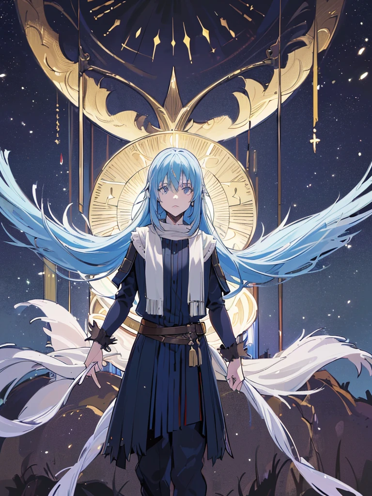 (best quality,4k,8k,highres,masterpiece:1.2),ultra-detailed,(realistic,photorealistic,photo-realistic:1.37),1 demonic androgynous character,long blue hair,golden eyes,demonic wings,Rey de reyes,Rimuru tempest,highly detailed face,intricate costume,fantasy,dramatic lighting,cinematic composition,moody atmosphere,bibrant colors