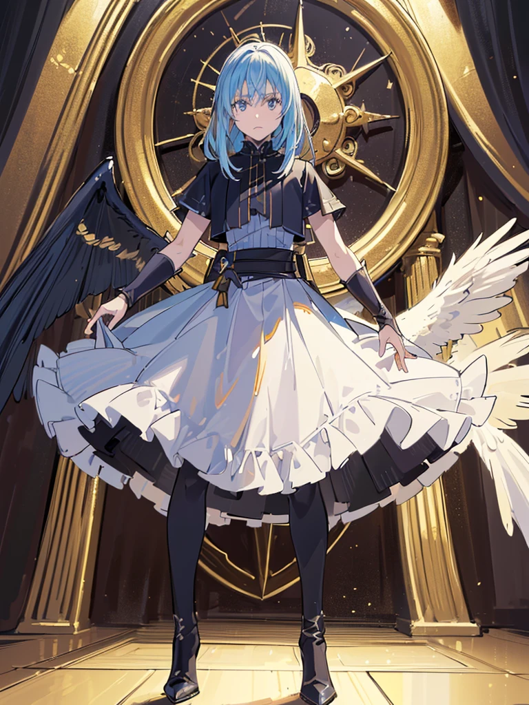 (best quality,4k,8k,highres,masterpiece:1.2),ultra-detailed,(realistic,photorealistic,photo-realistic:1.37),1 demonic androgynous character,long blue hair,golden eyes,demonic wings,Rey de reyes,Rimuru tempest,highly detailed face,intricate costume,fantasy,dramatic lighting,cinematic composition,moody atmosphere,bibrant colors