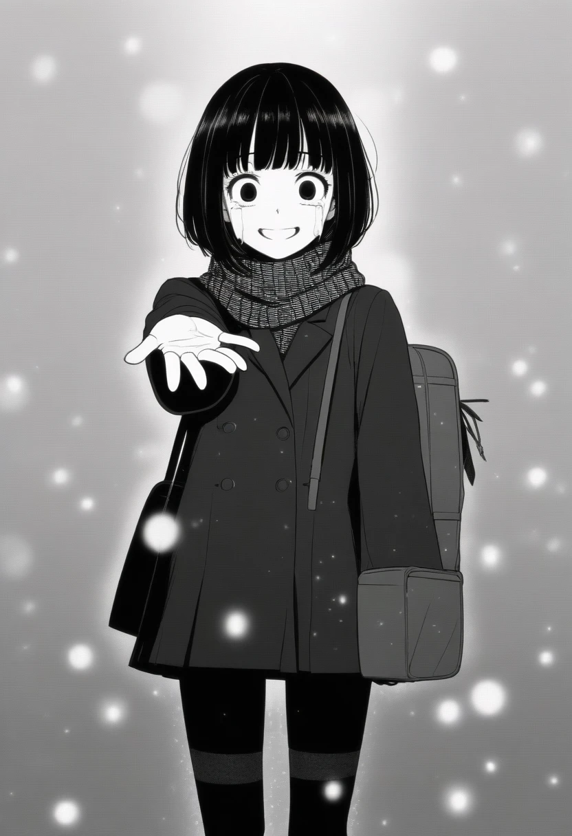 masterpiece, best quality, 1girl, mamerakkkkko, grayscale, manga style, japanese, chi no wadachi, black eyes, street, iced, black hair, schoolbag, smile, lineart, black coat, black scarf, black pleated skirt, leggins, centered, 18 years old, tall, fair skinned, bokeh background, crying, tears, tears streaming, bob cut, light particles, centered, snowing, (((reaching out a hand to viewer)))