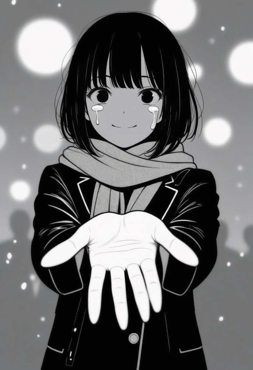 masterpiece, best quality, 1girl, mamerakkkkko, grayscale, manga style, japanese, chi no wadachi, black eyes, street, iced, black hair, schoolbag, smile, lineart, black coat, black scarf, black pleated skirt, leggins, centered, 18 years old, tall, fair skinned, bokeh background, crying, tears, tears streaming, bob cut, light particles, centered, snowing, (((reaching out a hand to viewer)))