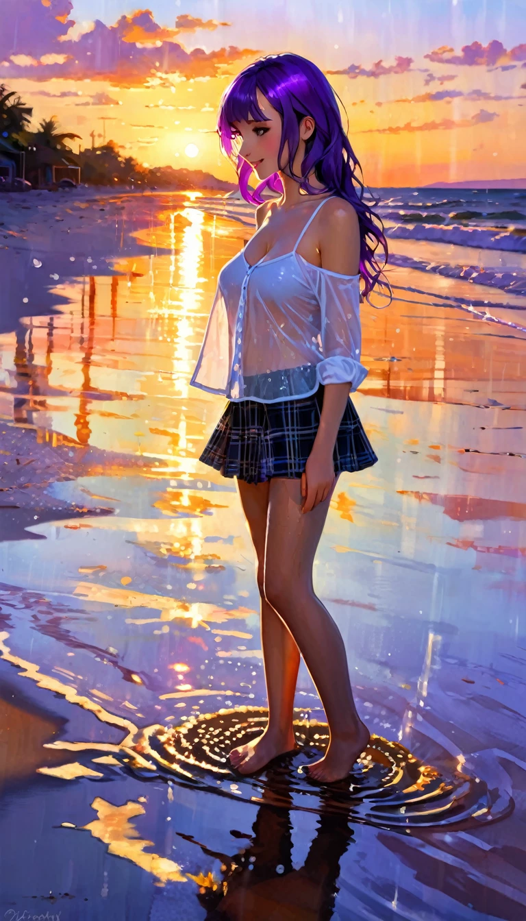 detailed background: ((sea, coast, sandy beach, sunset: 1.2)), extremely beautiful sky, reflection of a bright light, backlight, (shadow), dappled sunlight on it, (((a girl playing barefoot in the water on the beach, wet and transparent shirt))), [standing], {((shirtless: 1.4, bra)), plaid skirt, (bare legs: big breasts, (neck nude ), collarbone, cleavage, smile, {{((purple hair, long hair)), (wet hair), phenomenal aesthetics, stunning background, detailed lighting, official art, best quality,, vivid colors and shiny effects, depth of field, clearly adjusted shadows,(art inspired by Bill Sienkiewicz oil painting) shadows.