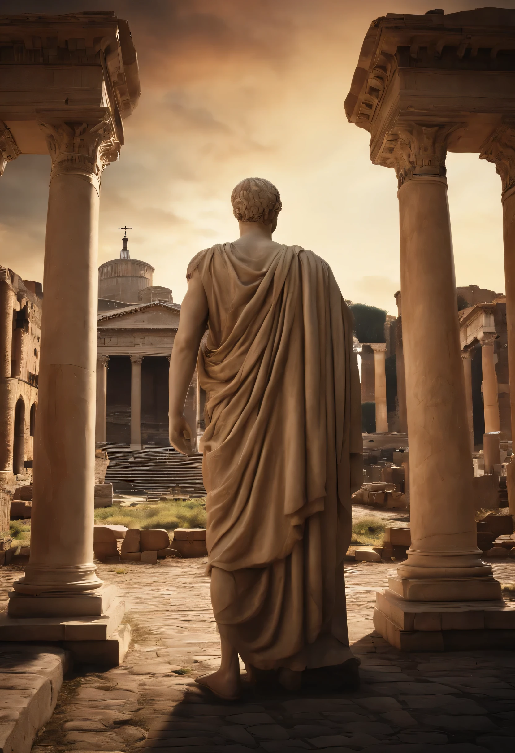 An image of Marcus Tullius Cicero in the center of the busy Roman Forum, surrounded by statues and ancient ruins.,original,Marcus Tullius Cicero has a slender and tall build, with prominent forehead and high hairline.. He has a long, thin face, straight nose and pointed chin. He has expressive and lively facial expressions. Meticulous about your appearance. Often wears a Roman Toga. He pays attention to his hair and beard.