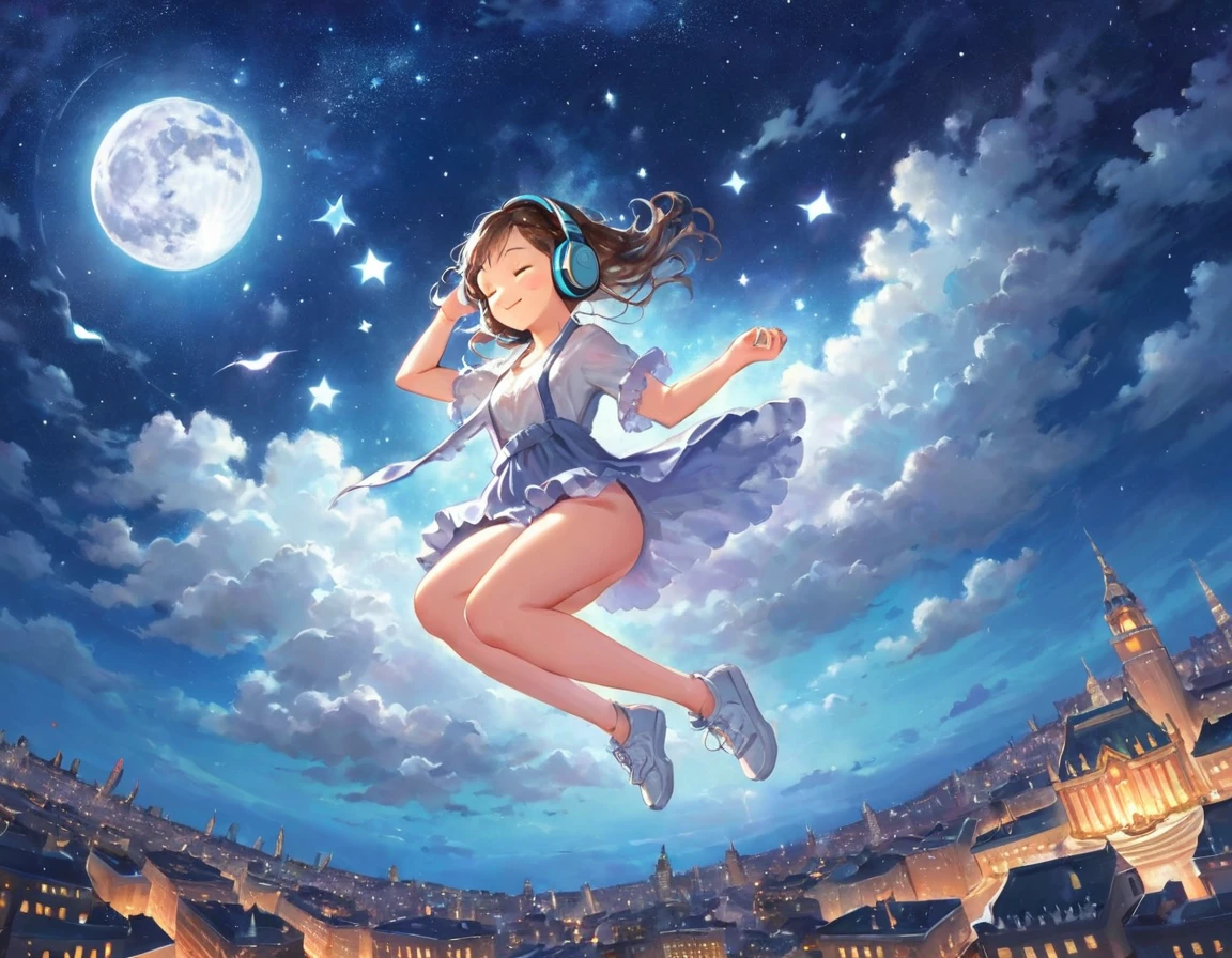 A captivating Gil Elvgrin-style fantasy illustration showcases a woman luxuriating atop a fluffy cloud in the moonlit night sky, surrounded by a dreamliketranquility. She wears headphones, immersing herself in an auditory paradise while effortlessly floating above the cityscape below. The city shimmers with a myriad of twinkling lights, reflecting the vibrant colors and energy that fill the scene. The radiant moon and countless stars illuminate the sky above, lending an otherworldly magic to the composition. 