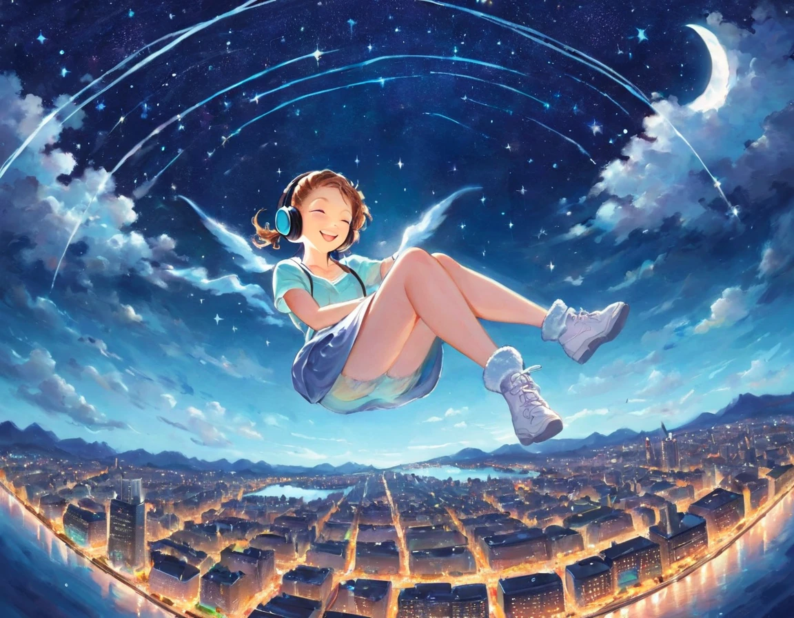 A captivating Gil Elvgrin-style fantasy illustration showcases a woman luxuriating atop a fluffy cloud in the moonlit night sky, surrounded by a dreamliketranquility. She wears headphones, immersing herself in an auditory paradise while effortlessly floating above the cityscape below. The city shimmers with a myriad of twinkling lights, reflecting the vibrant colors and energy that fill the scene. The radiant moon and countless stars illuminate the sky above, lending an otherworldly magic to the composition. 