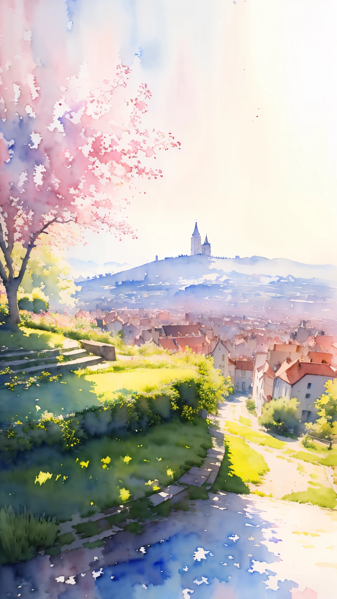 (masterpiece:1.2, Highest quality),(Very detailed),(((watercolor))),8K,wallpaper,Landscape of France,View from the hill of Montmartre