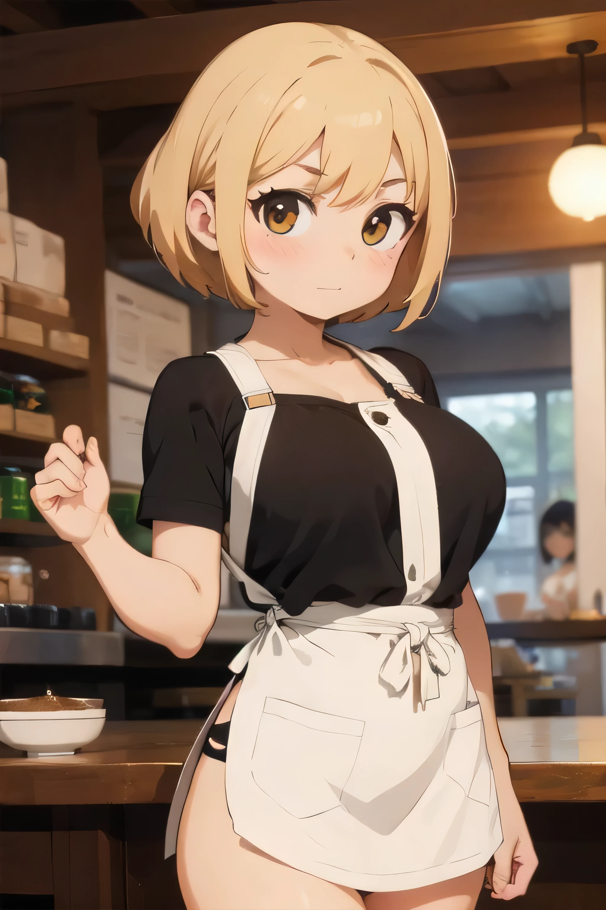 Master tigers, naked, huge breasts, she is showing her tits, linda, sexy, looking at the viewer, she has huge tits size, she is completely naked, she has naked tits, round ass, NSFW, pretty face, perfect hands, wearing a starbucks apron, blushing, short hair, she is serving in a coffee shop, showing pussy and tits