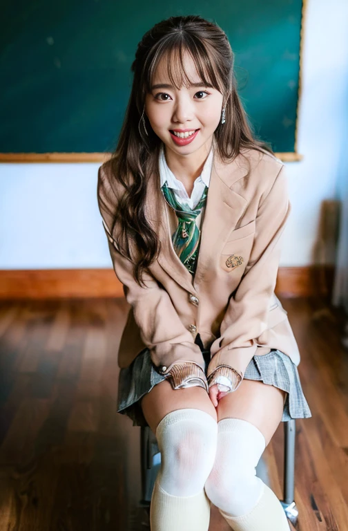 best quality, face focus, soft light, (depth of field) ,ultra high res, (photorealistic:1.4), RAW photo,
(upper knees:1.4) ,(from side)
1 girl, solo, cute, (shy, smile:1.1), (brown eyes), detailed beautiful face, (long hair ),
High School Classroom, (sit chair),
(school uniform:1.4,dark brown skirt,light brown shirt)