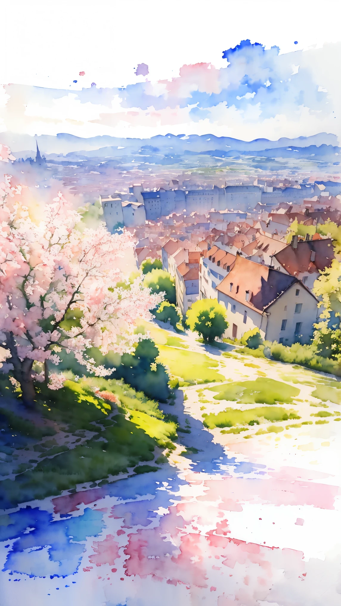 (masterpiece:1.2, Highest quality),(Very detailed),(((watercolor))),8K,wallpaper,Landscape of France,View from the hill of Montmartre,(((透明watercolor)))
