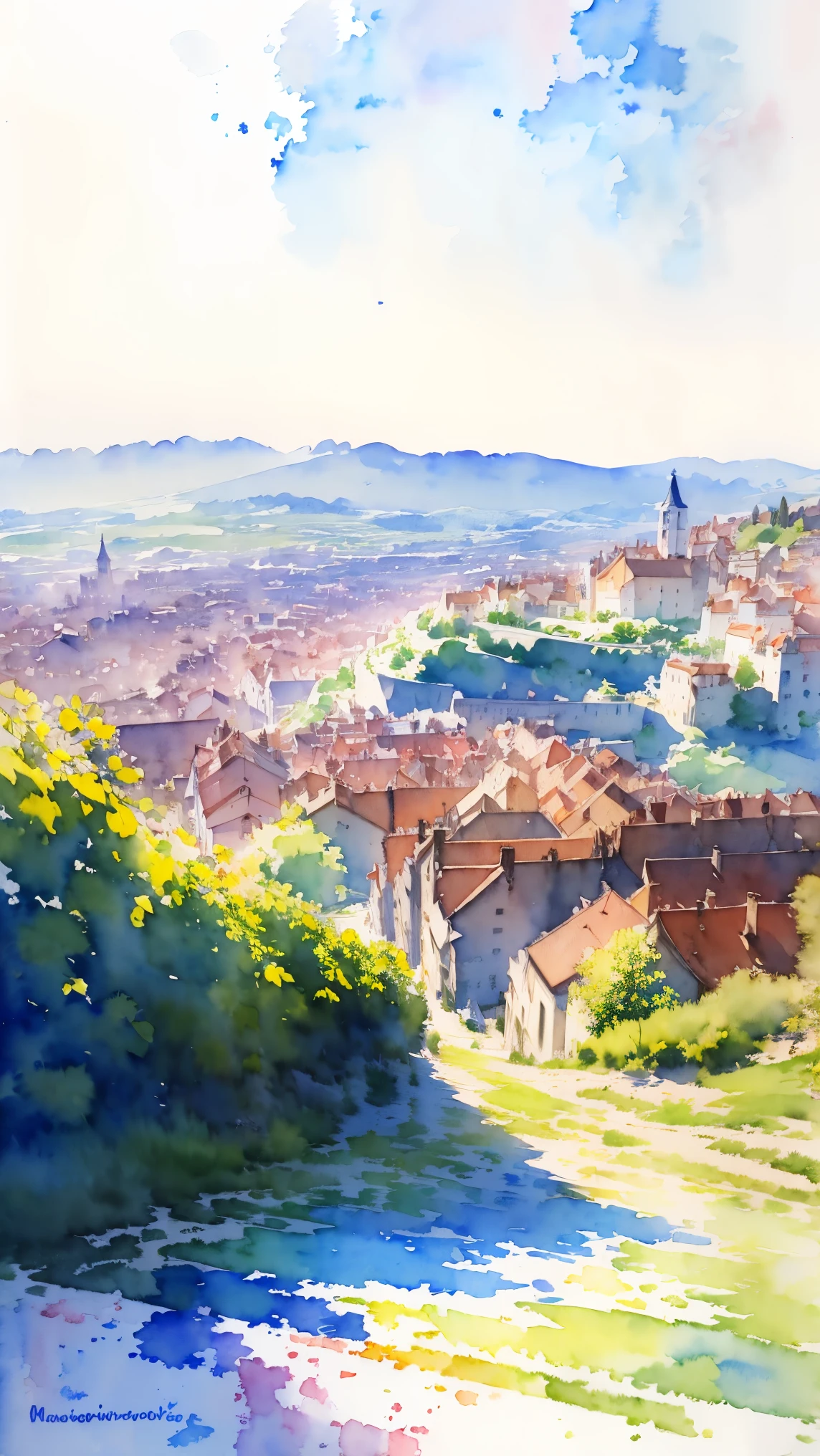 (masterpiece:1.2, Highest quality),(Very detailed),(((watercolor))),8K,wallpaper,Landscape of France,View from the hill of Montmartre,(((透明watercolor)))