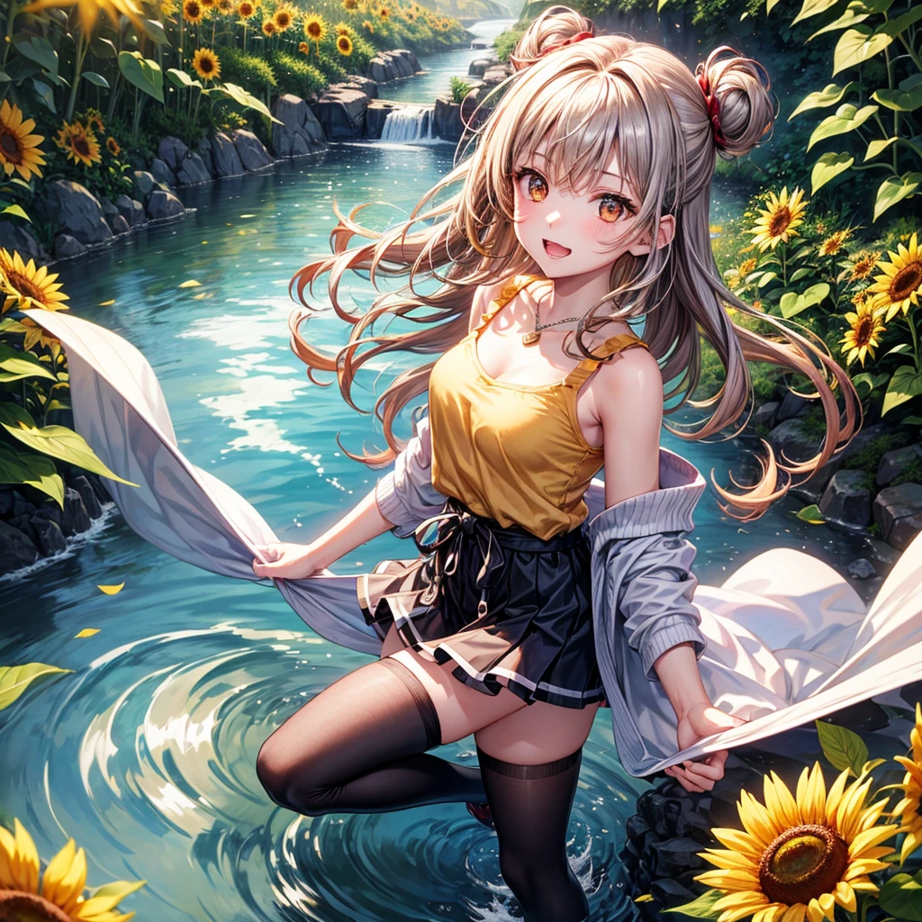 Red, brown, gold, gold hair、Golden Eyes、Hair tied up、One good looking girl、solo、anime、Checkered mini skirt、Ruffles on the skirt、camisole、Lightweight cardigan、Black knee-high socks、Wearing a baseball cap、Ribbon、Ribbon on waist、Teeth are visible、Silver coin necklace、shine、From above、Sparks are flying、tunnel、Cobblestones、waterfall、Clear Stream、Sunflower field、Have sunflowers、Midnight Moon、Winding Road、Unlocking、suspension bridge