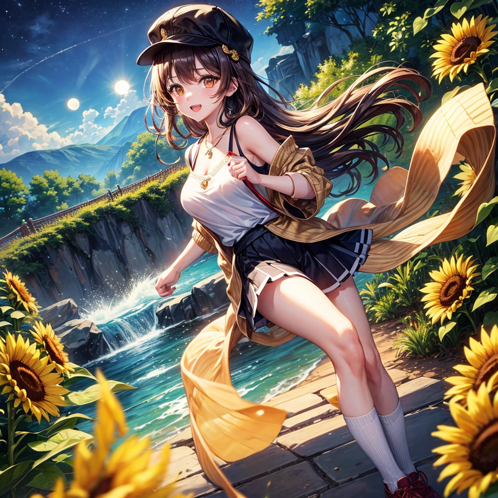 Red, brown, gold, gold hair、Golden Eyes、Hair tied up、One good looking girl、solo、anime、Checkered mini skirt、Ruffles on the skirt、camisole、Lightweight cardigan、Black knee-high socks、Wearing a baseball cap、Ribbon、Ribbon on waist、Teeth are visible、Silver coin necklace、shine、From above、Sparks are flying、tunnel、Cobblestones、waterfall、Clear Stream、Sunflower field、Have sunflowers、Midnight Moon、Winding Road、Unlocking、suspension bridge