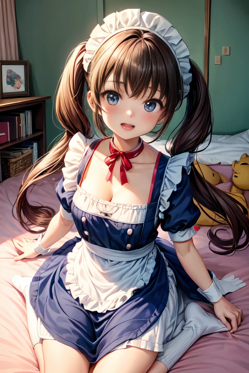 an anime version of a girl holding the camera in a bedroom room, 1girl, breasts, cleavage, solo, maid headdress, maid, smile, looking at viewer, blue eyes, blush, twintails, large breasts, apron, dress, bangs, puffy sleeves, wrist cuffs, brown hair, open mouth, indoors, long hair, short sleeves
((kiddie, JC,littlegirl,kodomo))