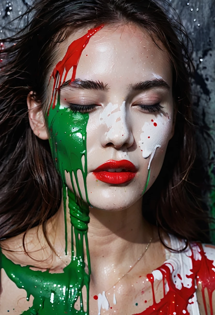 A close-up of a woman's face, with her eyes closed and lips slightly parted as if she is enjoying the sensation of vibrant (((green, white and red))) paint being smeared on her face. The background is dark concrete, enhancing the colors of the paint splatters that are strewn across her cheeks and neck. (dripping paint:1.7), paint on face, head backwards, paint on hair, long straight dark-brown hair,