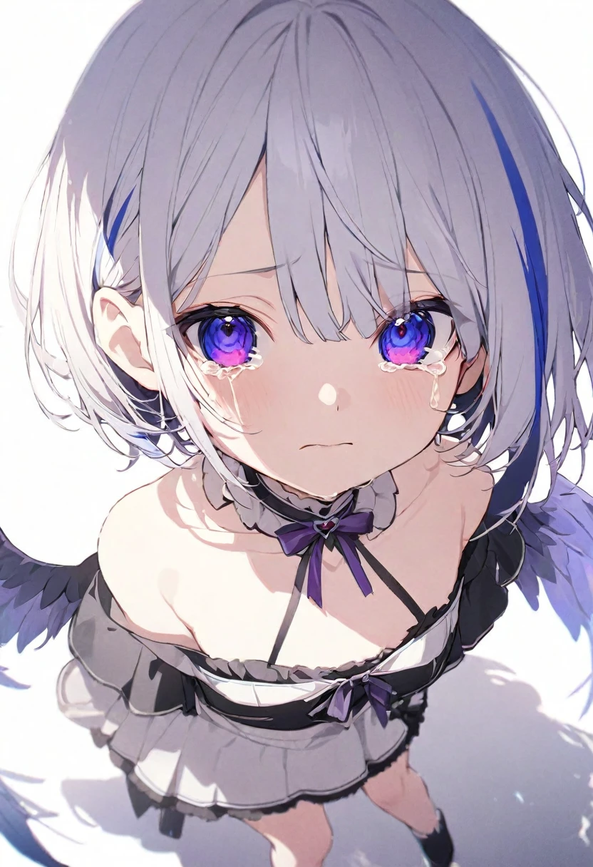 (muste piece), (best quality), very detailed eyes, expressive eyes, perfect face, very detailed face, highly detailed face, beautiful girl, 8K, beautiful girl, white background background, delicate and beautiful face and eyes, dark intense shadow,
1 girl, vtuber style, cool girl, hololive, amane kanata, streaked hair, short hair, small chest, crying, tear, (full body), (whole body), looking at viewer, standing,