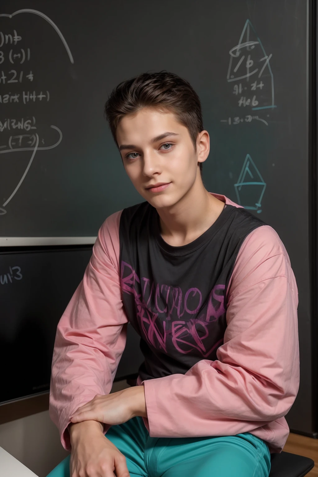 A cute, beautiful male twink guy with a face with make-up and black hair. He is wearing a long-sleeved pink shirt and aqua blue pants. He is in his office sitting and behind him is a blackboard with calculus written on it and neon energy coming out of it as he looks proudly.