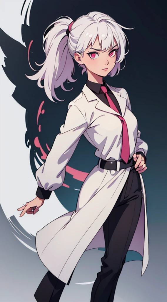 short white hair, highres, high resolution, masterpiece, wide dark pink eyes, realistic mixing dark lines and loose lines, bold lines, on paper, human man, full body, everything looks wise the same, different pose, changed pose, same cloths, same hair, same face angle, full black shirt, full white overlay, black pants, high leather boots