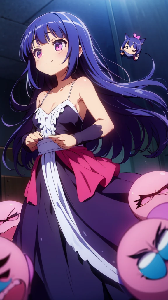 (Pequeña demonio:1.2), (1 person:1.2),(Little girl)、、big breasts、 NFFSW、shadow、big breasts、very detailed eyes、wide、big breasts、aunt lateral、under the chest、shiny neckline、black fur、silky hair、knitted dress(Fine white fabric、skirt lisaini colors)、ultra intricate pupil in eyes、of the highest quality、bright colors、Bust 100、rest、Footer image of the game.、Stirring composition、Composition looking up from below、Raise your with your hands、Pose that emphasizes the chest.、bend your arms、smiling expression、half closed eyes、open the mouth、stinky eyes、evil face、bullish smile、Cross your hands behind your back、Hide your hands、evil smile、whole body、beautiful