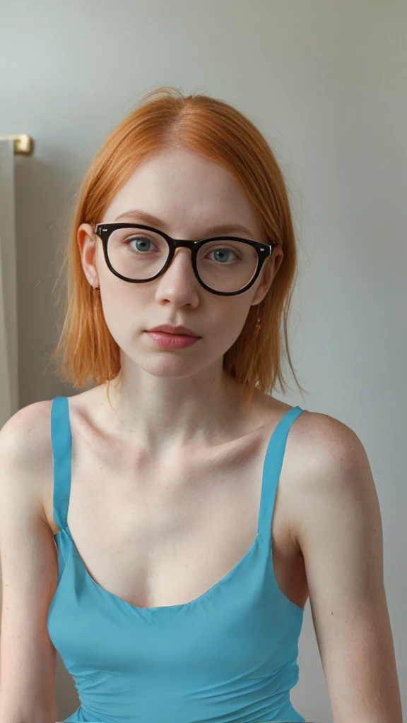 from below,fullbody ,pale girl,very pale skin full of freckles, very bulging eyes, very ginger hair, very very very thin legs and very very very thin arms,backlighting, very thin face, bulging eyes, pale white skin, very freckled, very thin, very very large puffy ears, big long nose,flat stomach , glasses, no bra, braless