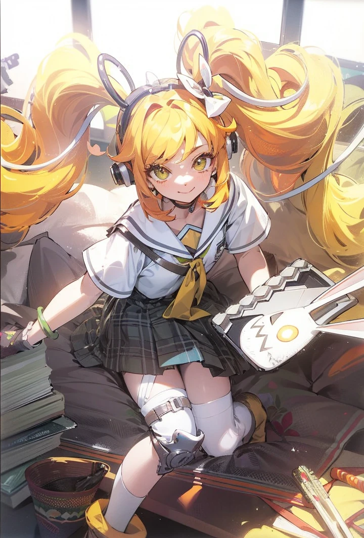 18-year-old girl sitting on bed, wearing pajama、Orange hair、Glowing green eyes、Side Ponytail、A slight smil、Laugh、The soft texture of pajamas、facial close-up、Colors based on green and orange