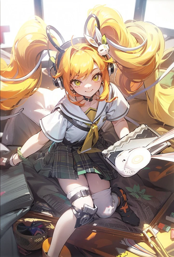 18-year-old girl sitting on bed, wearing pajama、Orange hair、Glowing green eyes、Side Ponytail、A slight smil、Laugh、The soft texture of pajamas、facial close-up、Colors based on green and orange