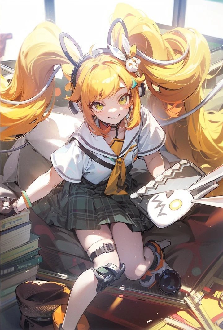 18-year-old girl sitting on bed, wearing pajama、Orange hair、Glowing green eyes、Side Ponytail、A slight smil、Laugh、The soft texture of pajamas、facial close-up、Colors based on green and orange