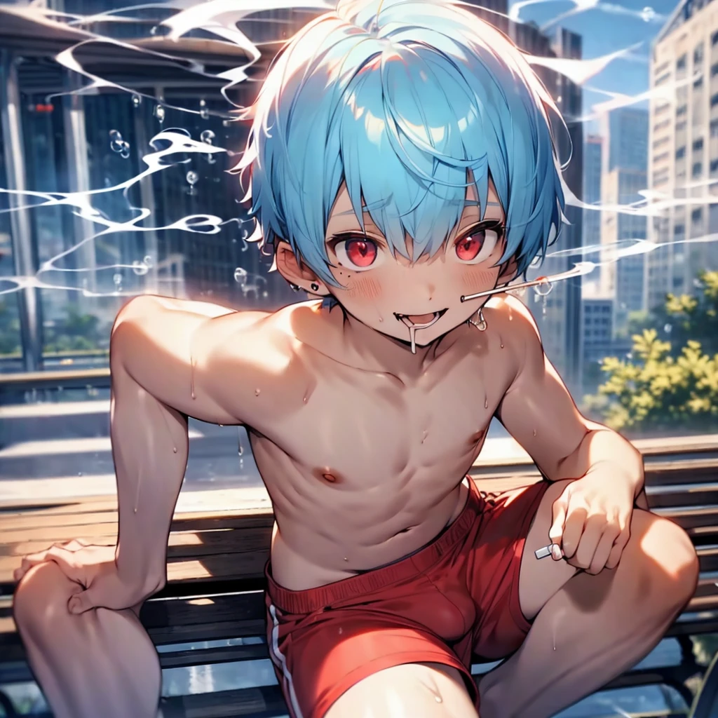 ((solo)), (boldline:-1.8), (smoking:1.6), (((bubble))), (sitting on bench:1.5), (spread legs:1.5), (((fang))), (((best finger))), BREAK (best quality:1.5), (absolutely resolution:1.5), (ultra detailed:1.5), (masterpiece:1.5), (perfect face), (detailed face), (detailed eyes), (best eyes), (cute face), (shota:2), BREAK (topless:1.5), BREAK (red short pants:1.5), (see throgh wet clothes:1.2), (bulge:1.6), (skinny:1.3), (spiked hair), BREAK (light blue hair:1.5), (wine red eyes:1.4), (eyes with highlight:1.6), ((mole under eye)), (sweaty skin), (chuckling:1.5), ((earrings)), (shiny skin:1.3), BREAK (garden), (building:1.5), (at twilight:1.5), ((wind blowing)), ((nipple)), abs, groin,