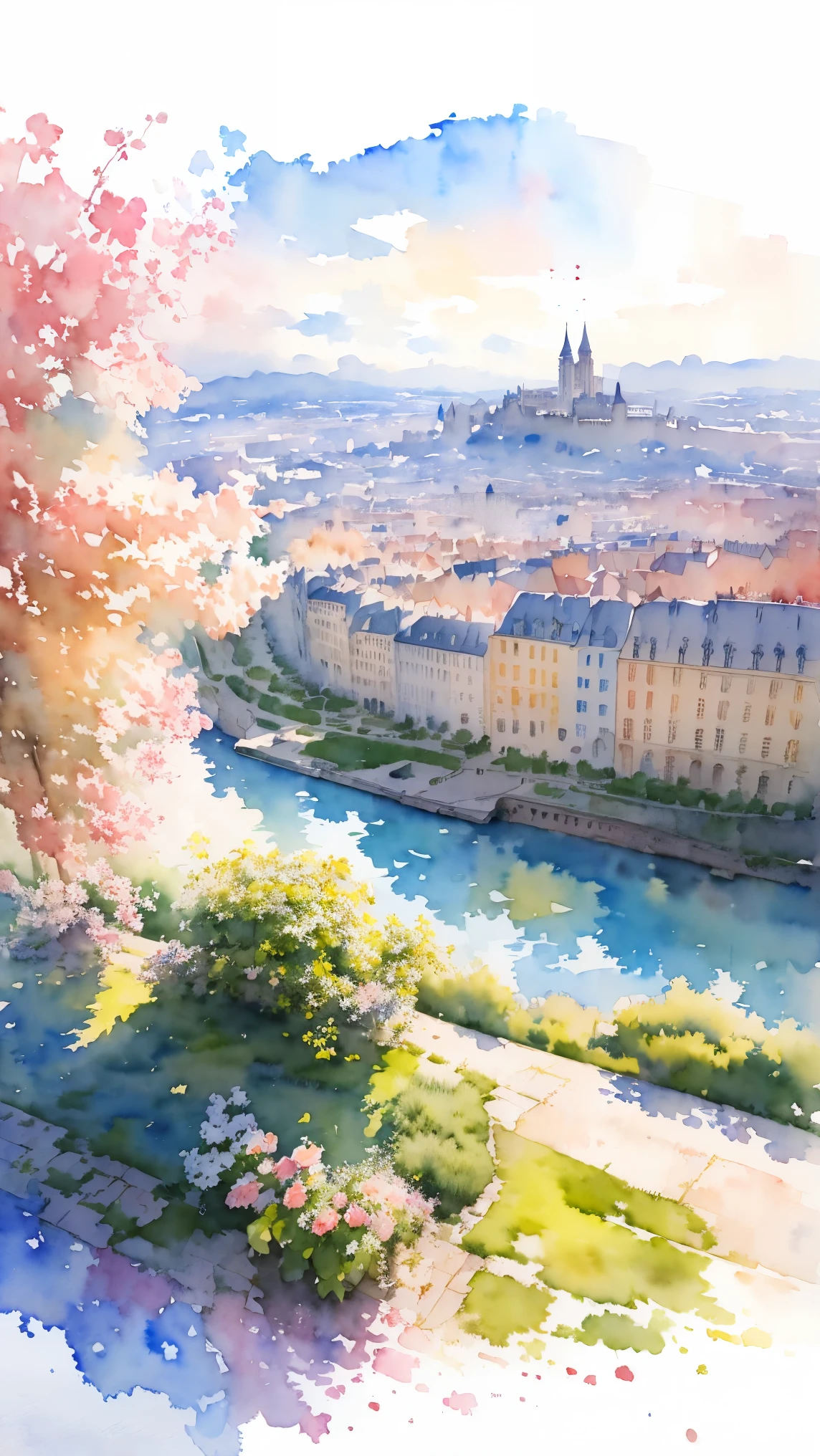 (masterpiece:1.2, Highest quality),(Very detailed),(((watercolor))),8K,wallpaper,Landscape of France,View of Paris from Montmartre hill,(((透明watercolor)))