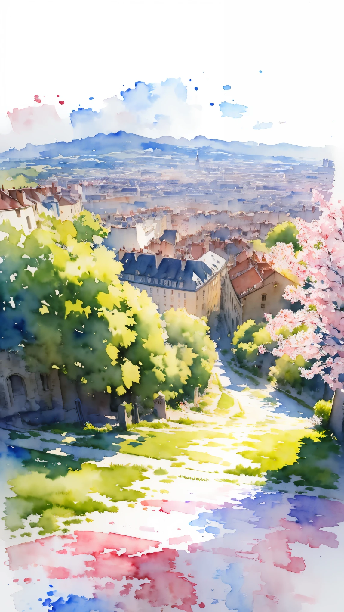 (masterpiece:1.2, Highest quality),(Very detailed),(((watercolor))),8K,wallpaper,Landscape of France,View of Paris from Montmartre hill,(((透明watercolor)))