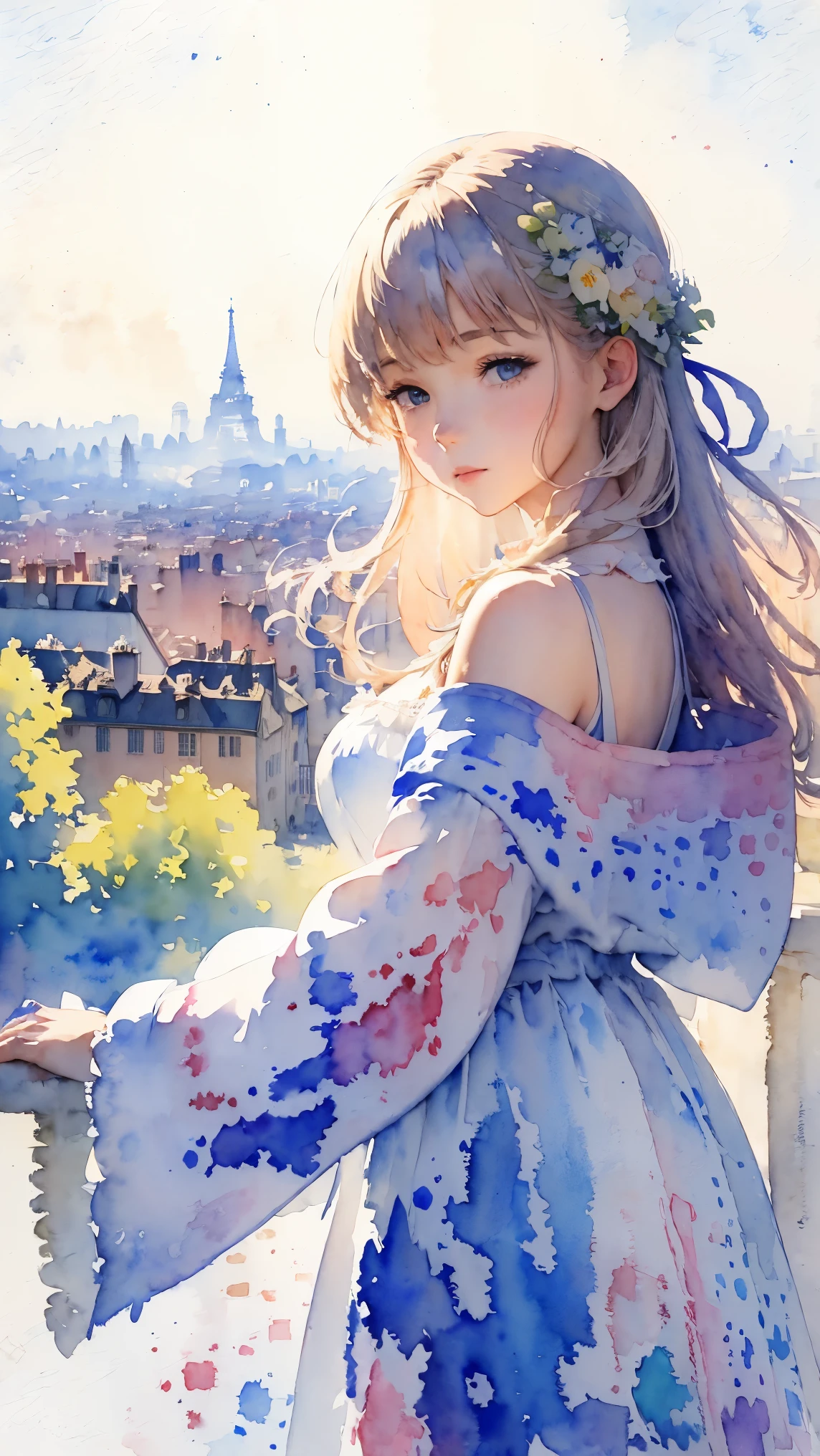 (masterpiece:1.2, Highest quality),(Very detailed),(((watercolor))),8K,wallpaper,Landscape of France,View of Paris from Montmartre hill,(((透明watercolor)))