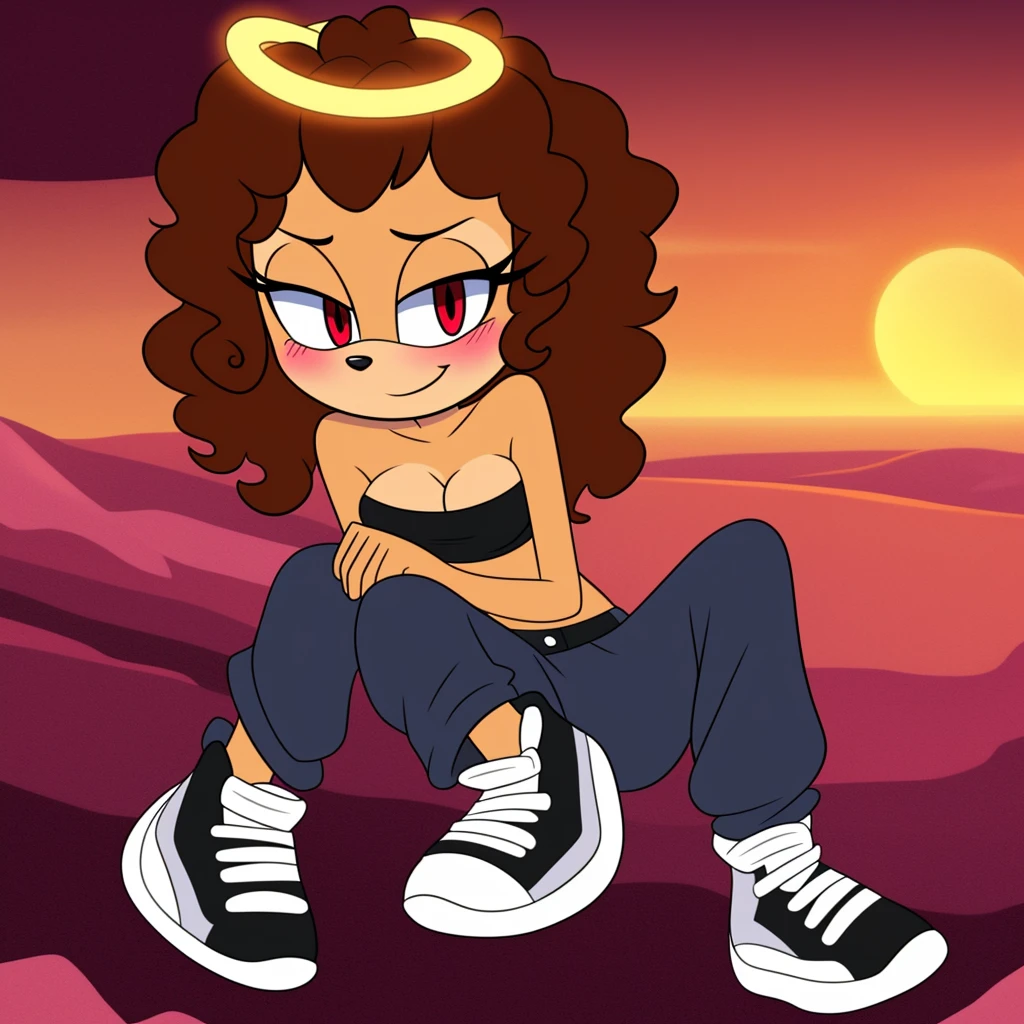 Sasha waybright, strapless crop top, baggy pants, high-top sneakers, cleavage, two-tone hair (brown hair, black tip)), curly hair, halo, sunglasses, jewelry, red eyes, longeyelashes, red eyes, smile, shy, blush,