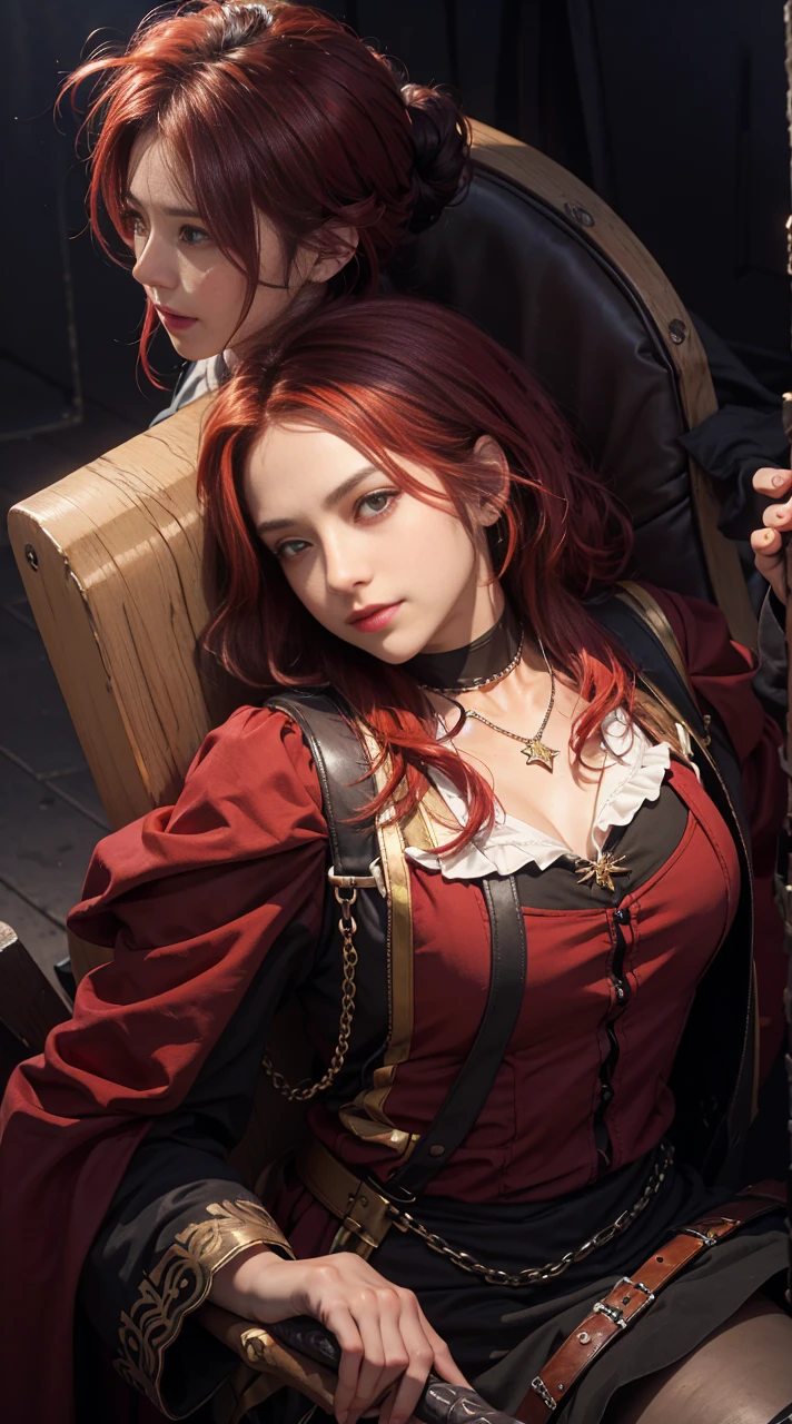 8k, best quality, highres, realistic, real person, A solitary warrior in a suspicious arena setting, without the demon lord. The warrior, lightly armored and with a sly smile, wields a large, ornately decorated axe. They have short red hair. The background is a mysterious and ominous arena, with a sense of danger and suspense. The lighting is dim and dramatic, enhancing the warrior's intense and cunning appearance.