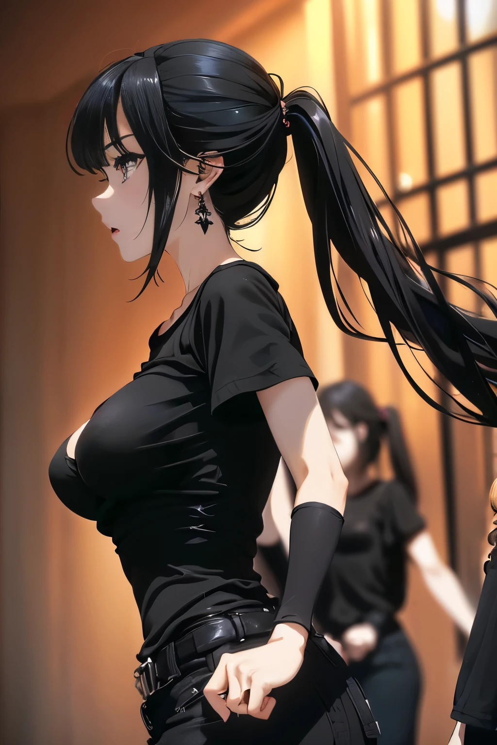 Optimal，masterpiece，High resolution，Highest quality，(Cowboy Shot)、Cute face，Black Hair、Long Hair、Twin tails、((Shoot in the back:1.5)), ((Tight black t-shirt:1.5)). ((Beautiful nipples))、((Big Breasts:1.5)), 