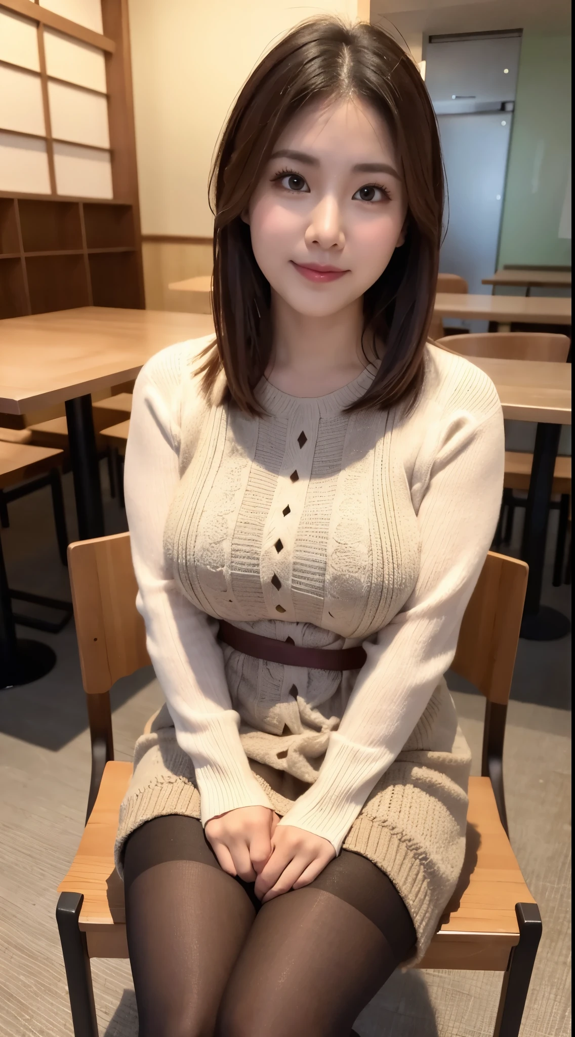 Face :9,3492120809], A naive 33-year-old wife、Wearing a knitted dress、(Ultra-realistic pantyhose)、Thighs Thighs Thighs Thighs、Sit on a chair in an open café、Height: 156cm, A little chubby、Japanese Model, Short Layered Hair、Japanese girl, Neat and clean Japan woman, Japanese Goddess, Innocence、RAW Photos, (In 8K、Highest quality、masterpiece:1.2)、(Intricate details:1.4)、(Photorealistic:1.4)、Octane Rendering、Complex 3D rendering with ultra-detail, Studio Soft Light, Rim Light, Vivid details, Super Detail, Realistic skin texture, Detailed aspect, Beautiful details in the eyes, Highly detailed CG Unity 16k wallpaper, Makeup, (Detailed Background:1.2),　Glowing Skin、Exposed thighs!!!、