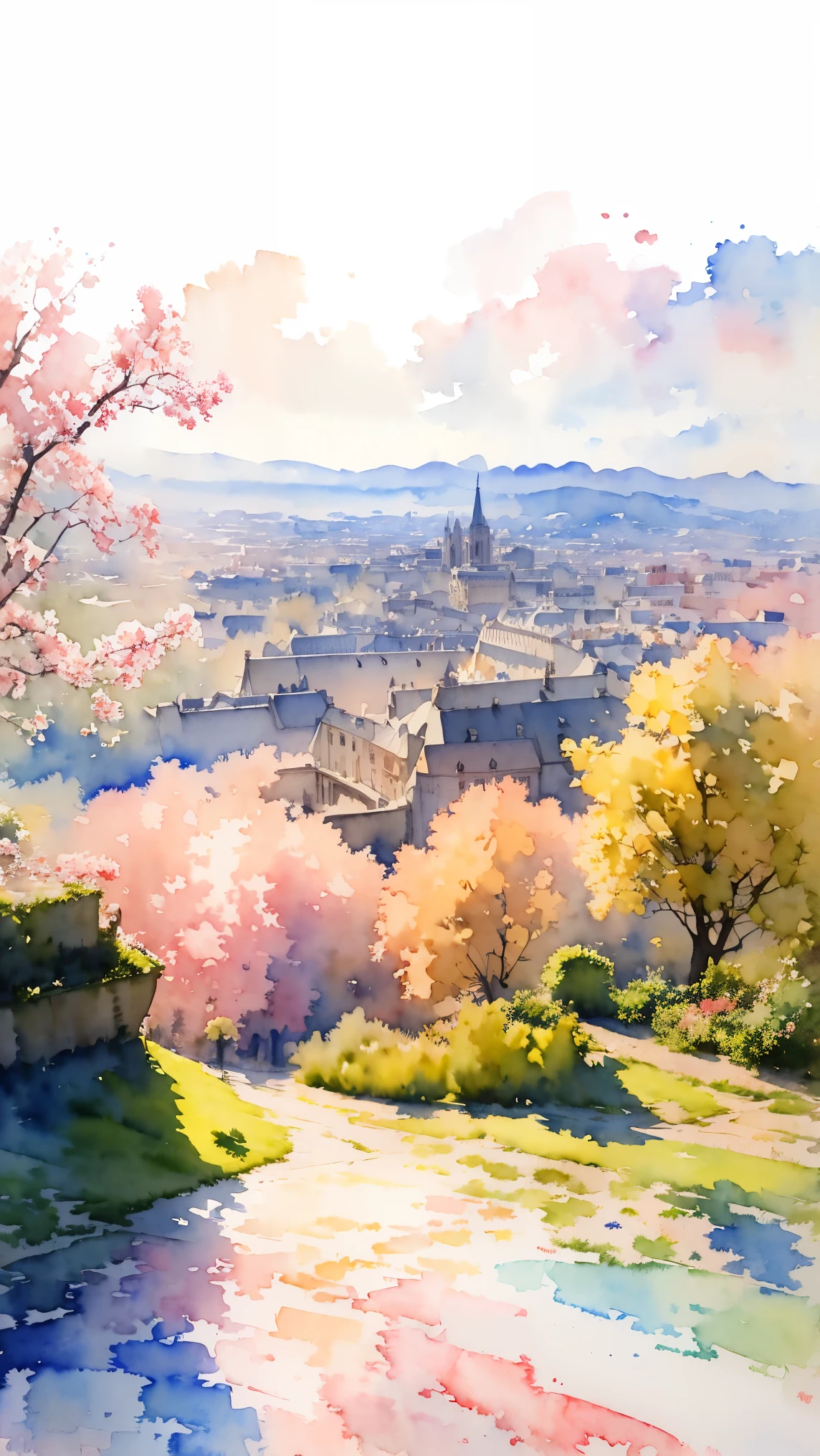 (masterpiece:1.2, Highest quality),(Very detailed),(((watercolor))),8K,wallpaper,Landscape of France,View of Paris from Montmartre hill