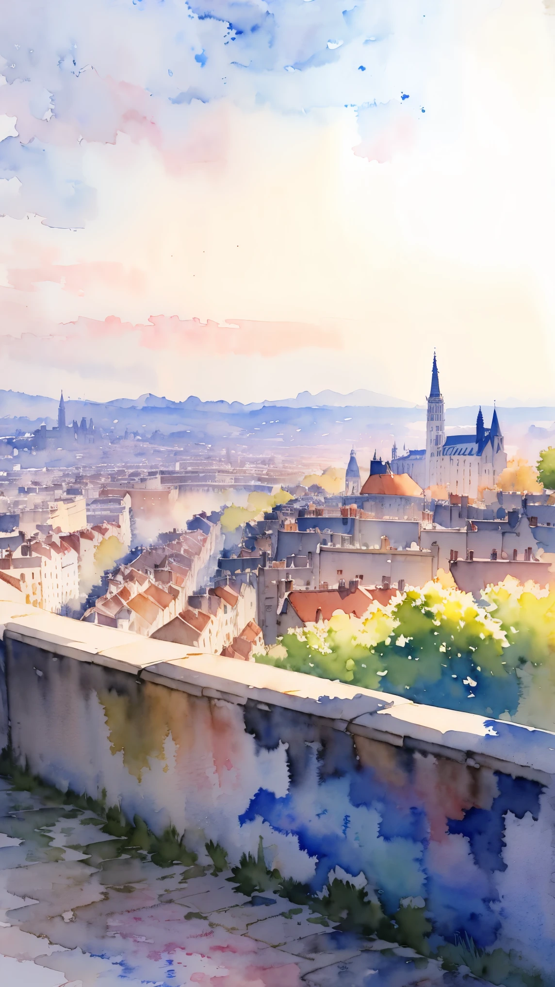 (masterpiece:1.2, Highest quality),(Very detailed),(((watercolor))),8K,wallpaper,Landscape of France,View of Paris from Montmartre hill