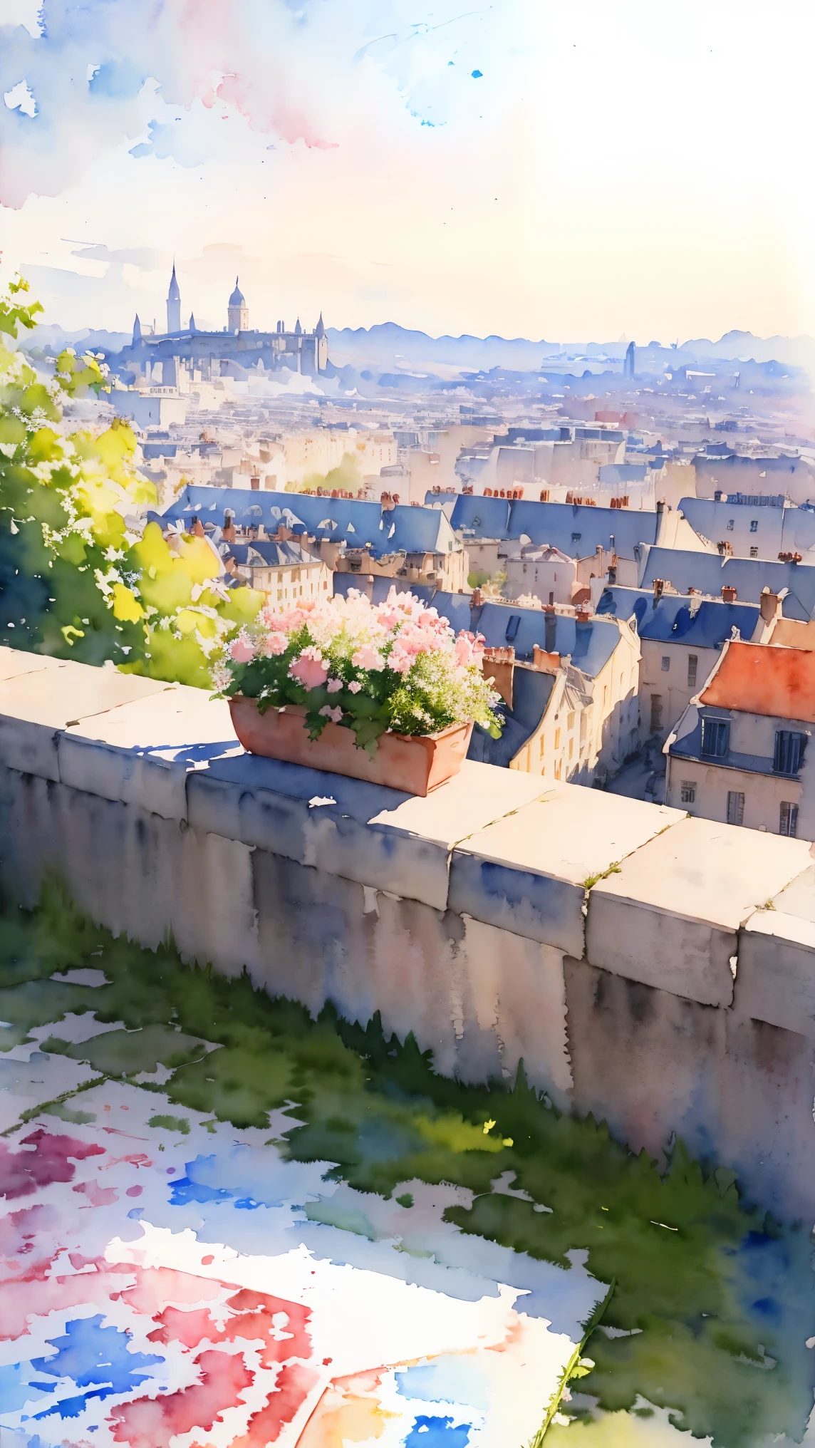 (masterpiece:1.2, Highest quality),(Very detailed),(((watercolor))),8K,wallpaper,Landscape of France,View of Paris from Montmartre hill