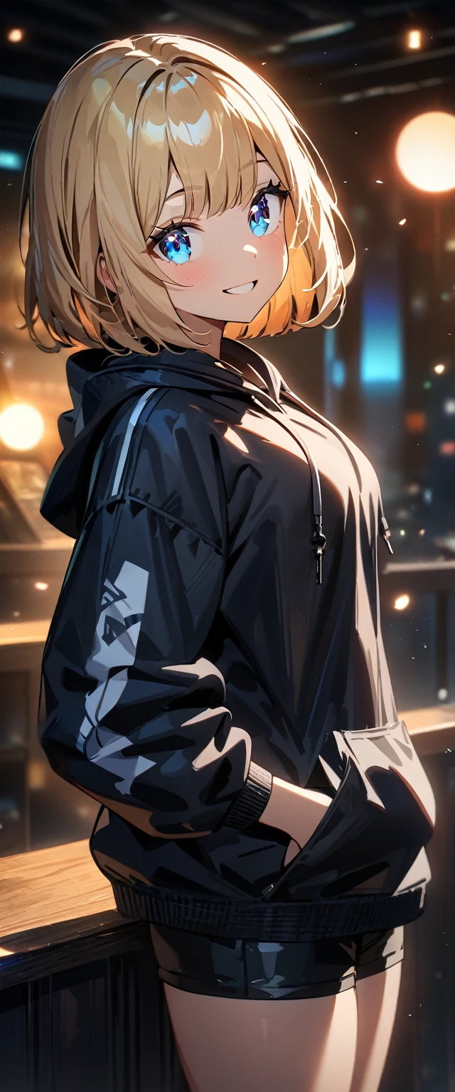 (((One girl))), blond hair, bob cut, (upper body), (looking at viewer), breasts, teenager, head tilt:1.3, (((blue eye))), (from side), hand in pocket, ((happy smile)), black hoodie, black shorts, anime style, (best quality, 4k, 8k, highres, masterpiece:1.2, ultra-detailed, ultra-detailed eyes, HDR, UHD, studio lighting, ultra-fine painting, sharp focus, physically-based rendering, extreme detail description, professional, vivid colors, bokeh)