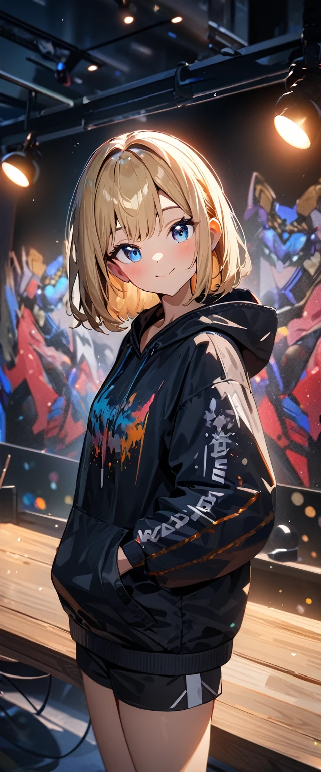 (((One girl))), blond hair, bob cut, (upper body), (looking at viewer), breasts, teenager, head tilt:1.3, (((blue eye))), (from side), hand in pocket, ((happy smile)), black hoodie, black shorts, anime style, (best quality, 4k, 8k, highres, masterpiece:1.2, ultra-detailed, ultra-detailed eyes, HDR, UHD, studio lighting, ultra-fine painting, sharp focus, physically-based rendering, extreme detail description, professional, vivid colors, bokeh)