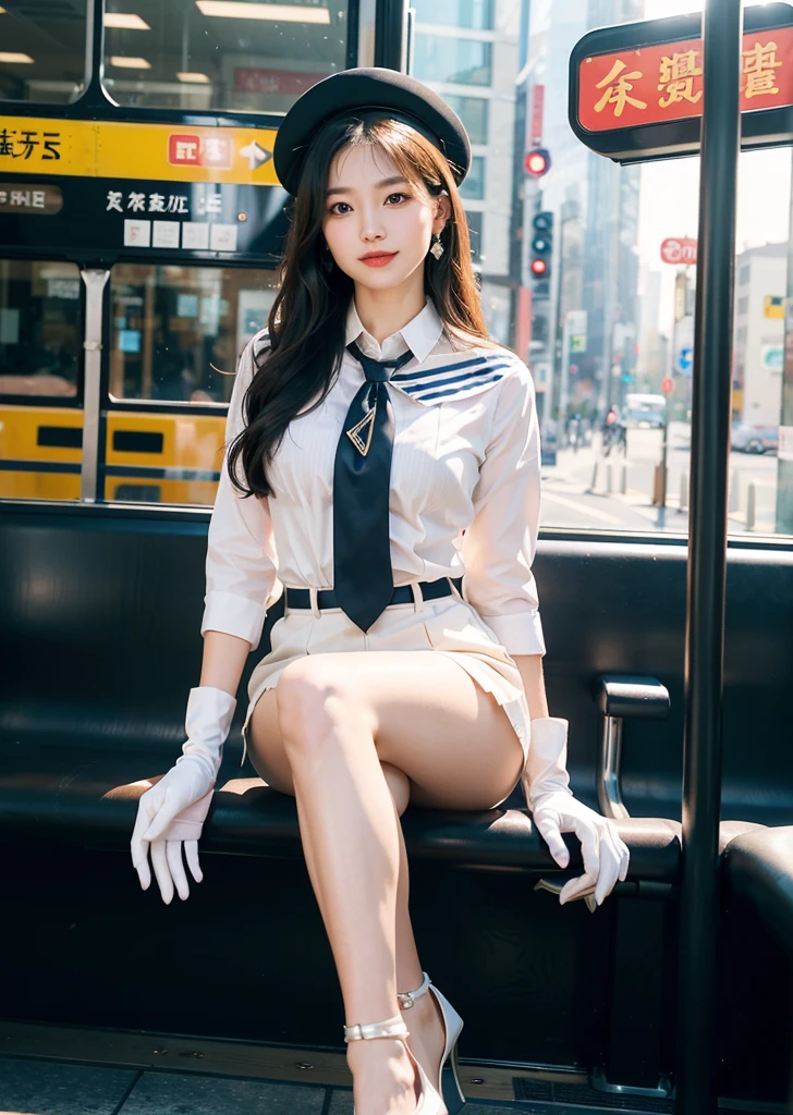 Japanese,23 years old,woman,Brown long straight hair,Detail face,Detail lips,Details,double eyelid,Wet body,perfect body,Trained abdominal muscles,Shiny skin,Highest quality,日本のwoman一人,diamond,Earrings,(((whole body,Includes legs)))、(((The perfect uniform of a Japanese stewardess, Blue striped tie, Best Dressed Uniform、Small hat, white formal Short gloves,(黒のHigh heels), ((Mini microphone in hand))),Bus Guide,日本のBus Guide、A small smile,White blouse,Tight blouse)))、(((Navy bowler hat),Navy hat)), White gloves, Short gloves, High heels、Dress up、(Photo realistic:1.4)、(Surreal:1.4)、(Realistic:1.3)、 (Gentle lighting: 1.05)、(Improve the lighting quality of your videos:0.9)、32k、 One girl、28歳のwoman、Photorealistic Lighting、Backlight、Facial Light、Ray-tracing、(bright:1.2)、(Improvement of quality:1.4)、 (Highest quality real texture skins)、Beautiful Eyes,Delicate and elegant features, Chest close-up, White blouse,Tight blouse,tight Best Dressed Uniform, (Improve your body line mood:1.1)、A small smile, (((Medium Bust,Beautiful breasts))),(Perfect teeth alignment),narrow waist and hips,Beautiful long legs,Full Shot)、((8 heads)、(((Tempting、Embarrassing)))、Dynamic pose,Sculpture Pose,(eye shadow),Very beautiful night view、at night、blush,A small smile,(((Full Shot)))、(((by bus))),