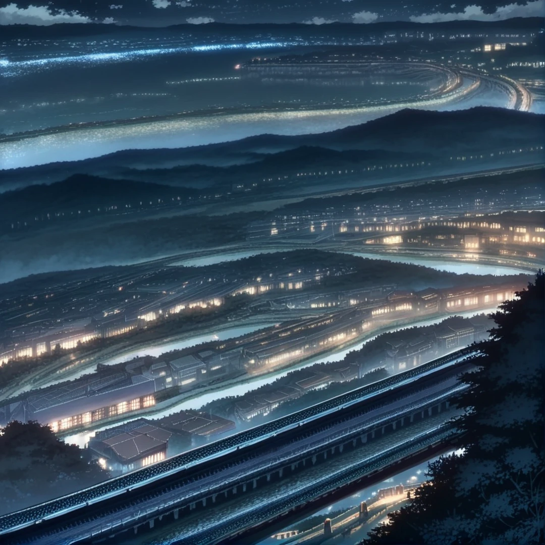 score_9, score_8_up, score_7_up, Shinkaistyle, scenery, sky, no humans, night, cloud, building, outdoors, night sky, cityscape,overview of a small modern japanese city at night, dark, grim, foggy, birds-eye view, surrounded by forests, river, bridge, mountain