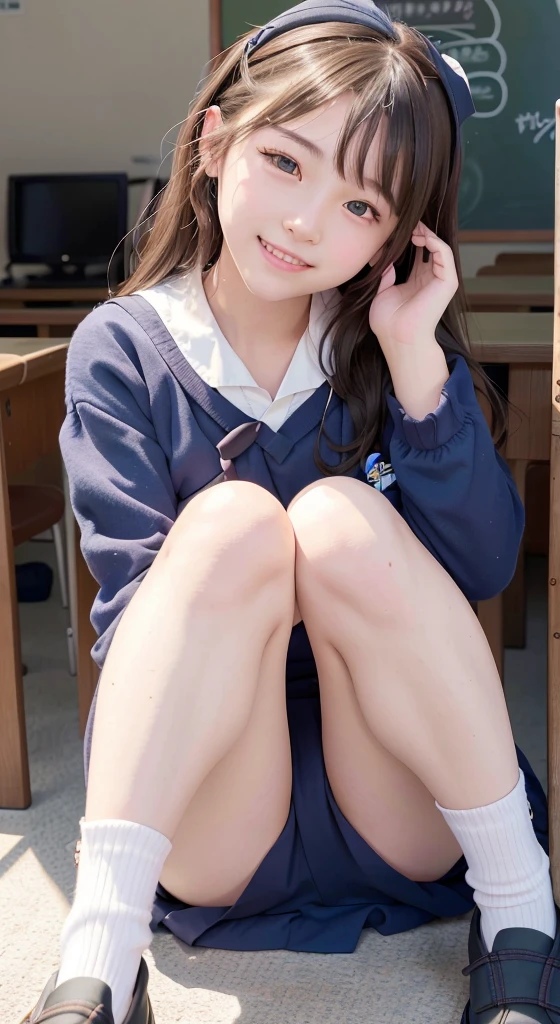Highest quality,masterpiece:1.3,Ultra-high resolution),(Ultra high definition、Caustics) (Photorealistic:1.4、RAW shooting、)Ultra-realistic capture、Very detailed、Natural skin texture、masterpiece、(Junior high school sailor uniform:1.3)、One Japanese girl、Adorable expression、Happy expression、、Young face、Amazingly cute、Twin tails、Curly Hair、Black Hair、Scrunchie、Thinning、Medium breast、Junior high school classroom、Shining thighs、Summer sunshine、smile、An inviting gaze、Cowboy Shot