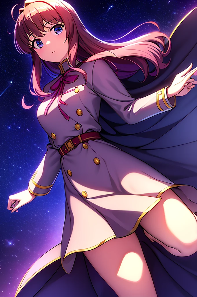 Highest quality, masterpiece, High resolution, alone, （Haman Khan），（機動戦士ZGundam），（Zeon_uniform），（Black‗Mantle），（pink_Hair Color），Gundam，Cybele，（Funnel）、Bob haircut，Bangs‗Hairstyle，Young Girl，Starry Sky_background，Anime Style, Highest quality, 4K, masterpiece,， alone, 1,whole body，looking at the camera, Shinkai Makoto style, Sharp Eyes，（Full Finger）, （Accurate fingertips）, （The finer details）, （Anatomically correct）, (映画のbackground), Hyper Detail, (Subtle details), (Intricate details),